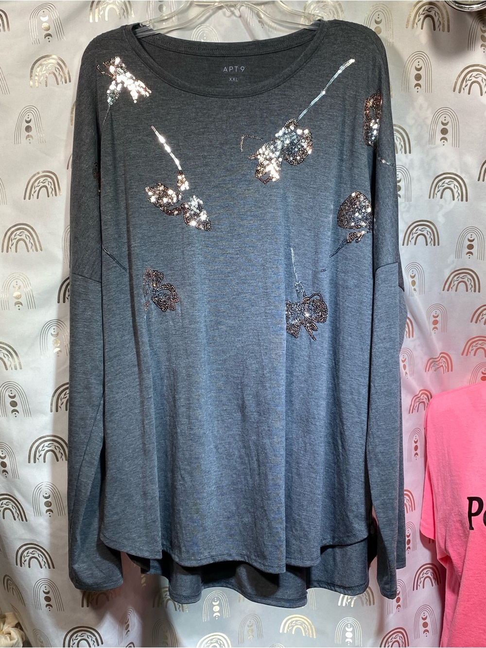 Apt. 9 Charcoal Gray Long Sleeve Sequin Floral Sweatshirt